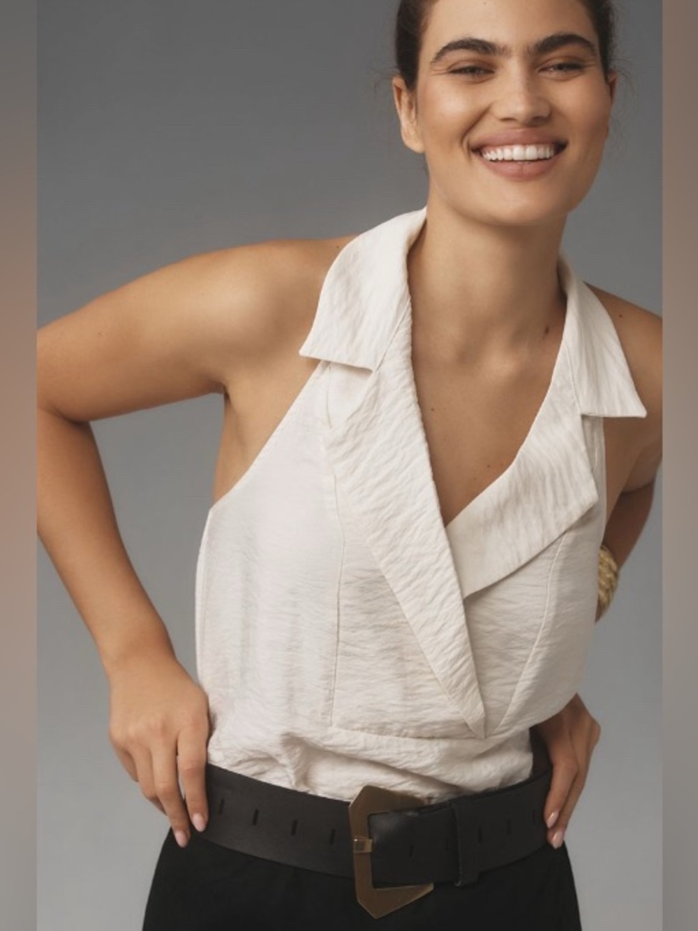 Anthropologie Ivory Oversized Deep V Halter, Bubble Hem, High/Low Top: M - Picture 6 of 10